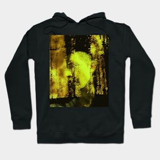 Portrait, digital collage and special processing. Masterpiece. Man looking to car window, reflection. Autumn, bright yellow sun. Hoodie